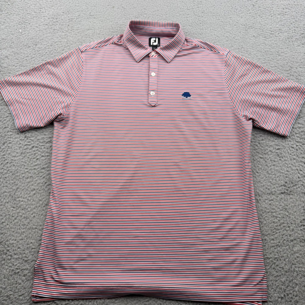 FootJoy Golf Polo Mens L Red White Blue Stripe Stretch Short Sleeve 3620